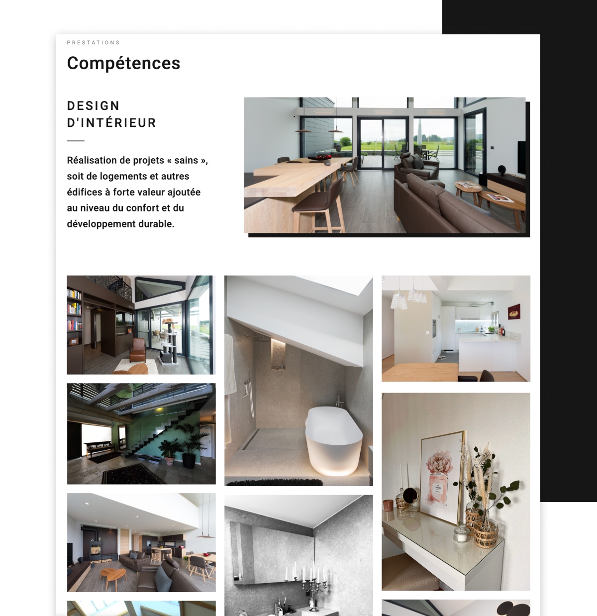 Maquette de page web Éléments présentant les compétences en design d'intérieur avec galerie photos - Chiche communication