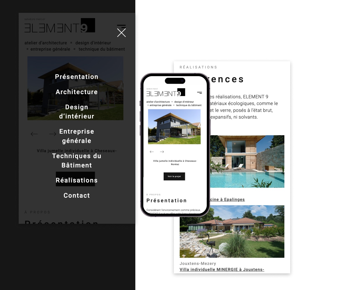 Maquettes mobiles du site Éléments avec menu noir et réalisations architecturales - Chiche communication