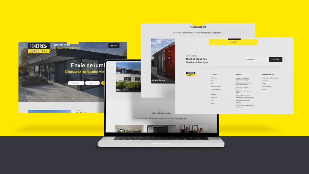 Présentation réactive d'un site web "Fenêtres Concept" sur ordinateur portable et fenêtres superposées - Chiche communication