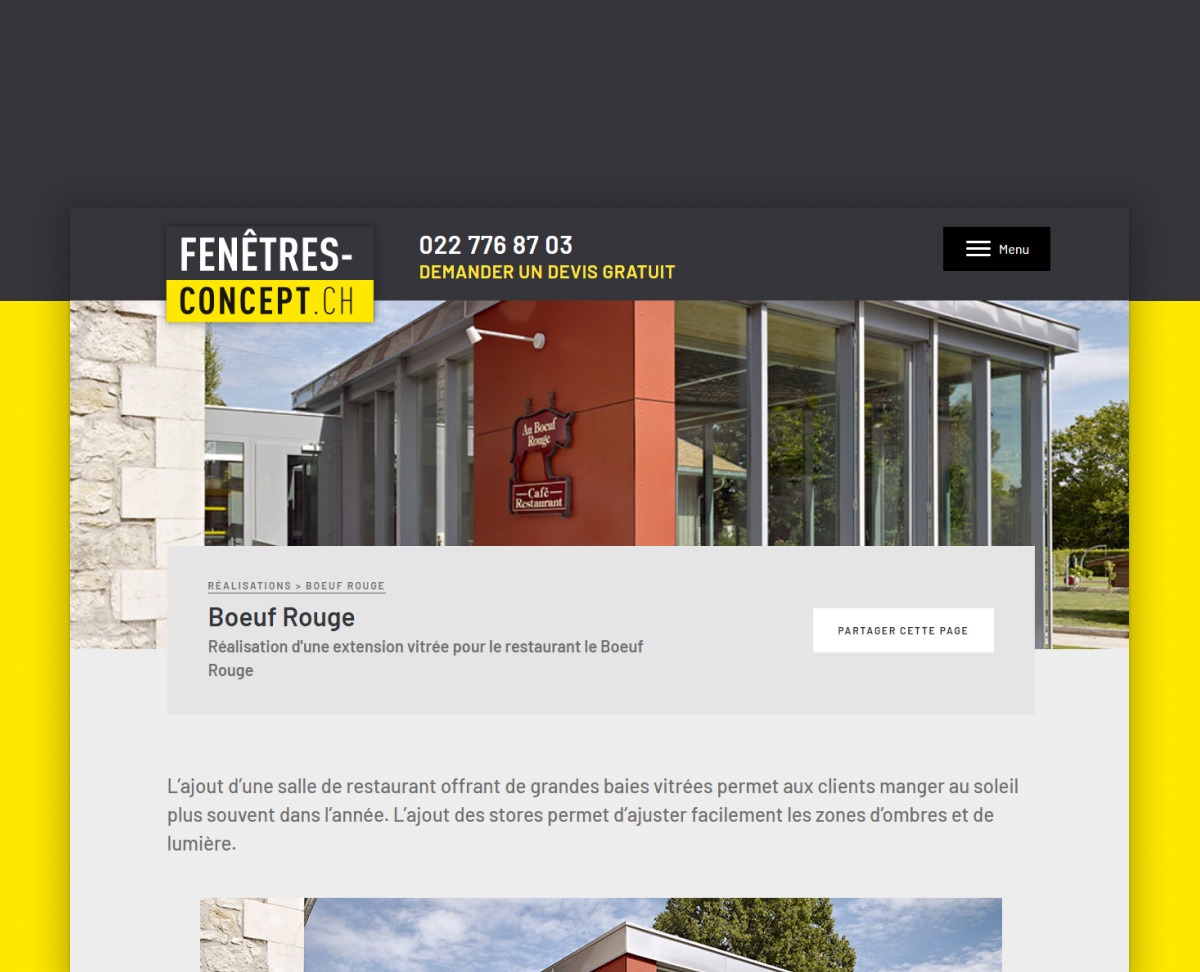 Maquette de la page d'accueil d'un site web "Fenêtres Concept" avec photo de bâtiment - Chiche communication