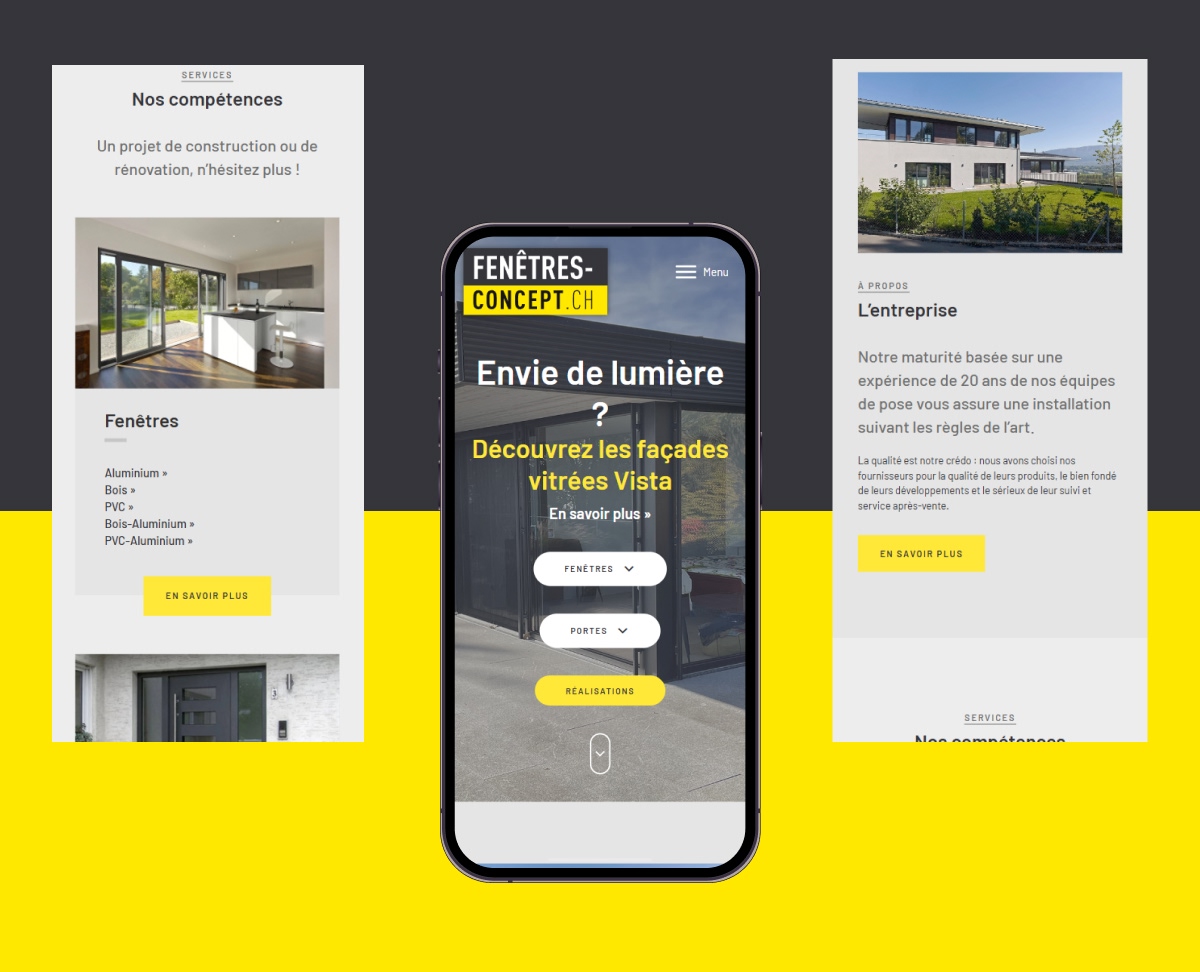 Version mobile d'un site web "Fenêtres Concept" sur smartphone avec écrans d'explication - Chiche communication