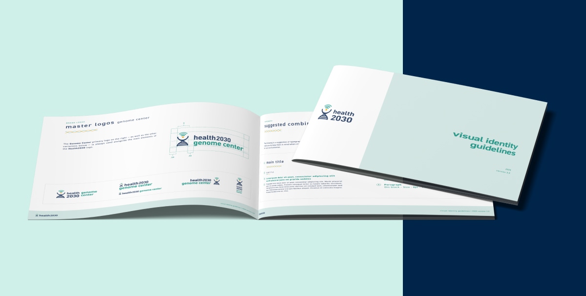 Brochures imprimées ouvertes montrant le contenu éditorial du centre de génome - Chiche communication