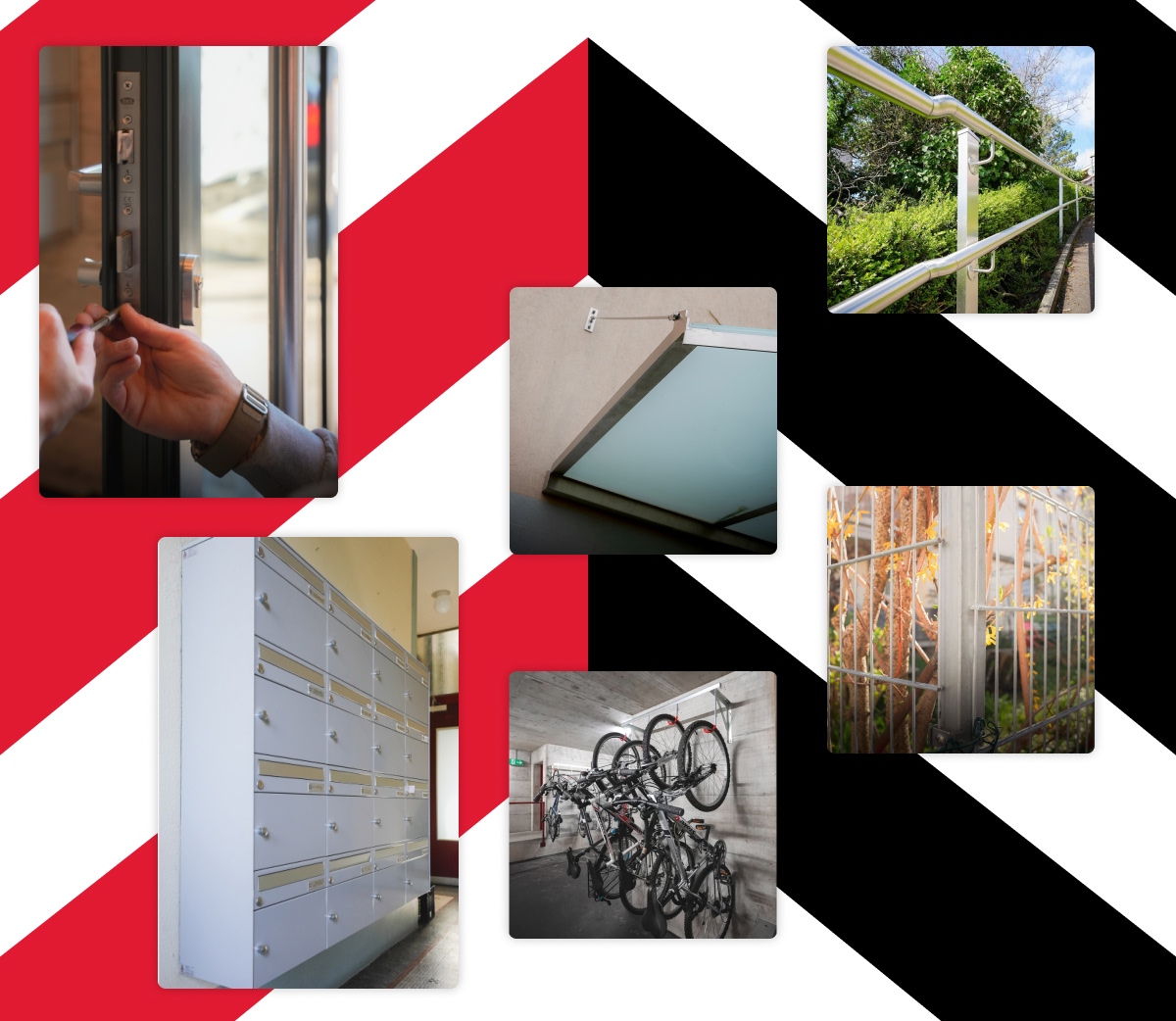 Collage de photos de réalisations : boîtes aux lettres, serrurerie et parkings vélos - Chiche communication