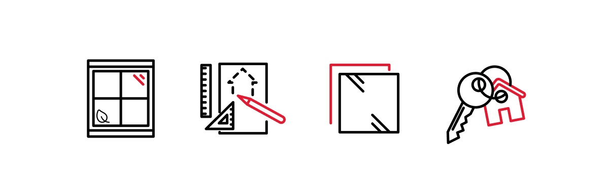 Série d'icônes linéaires représentant la vitrerie, l'architecture et la serrurerie - Chiche communication