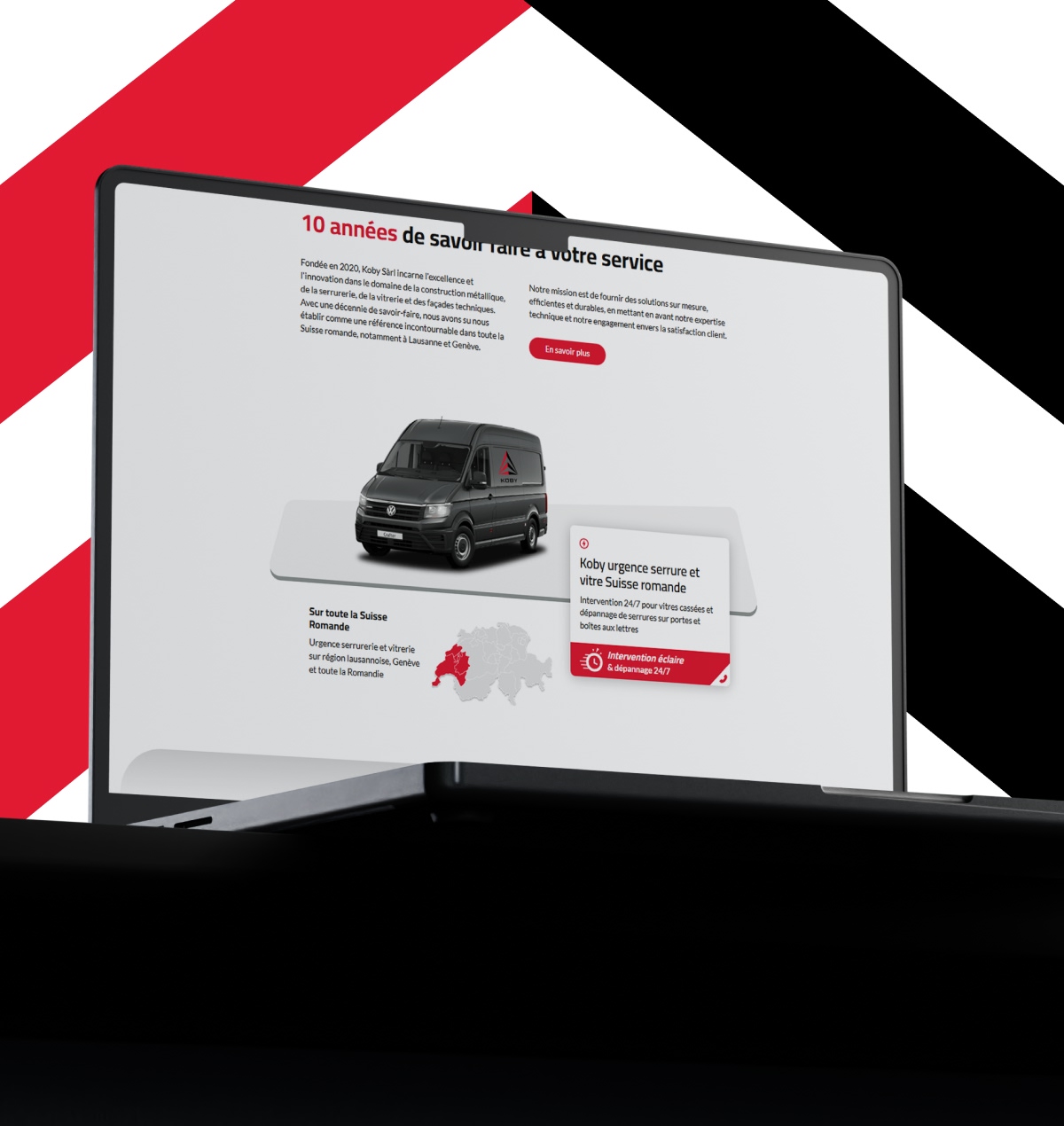 Maquette ordinateur du site Koby présentant 10 ans de savoir-faire en serrurerie - Chiche communication