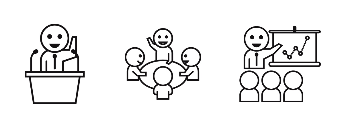 Trois icônes linéaires représentant la conférence, le travail d'équipe et la formation - Chiche communication
