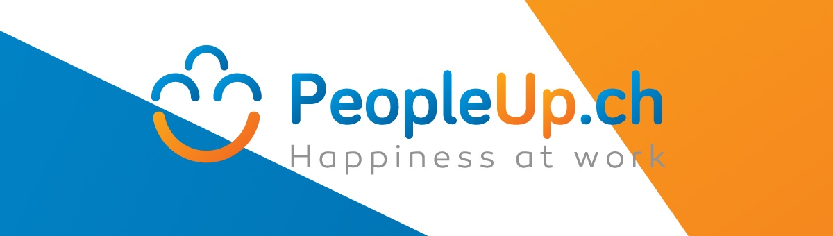 Logo de PeopleUp.ch avec le slogan "Happiness at work" en bleu et orange - Chiche communication