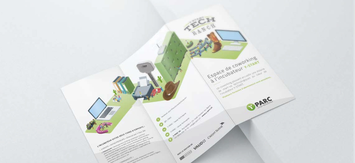 Mockup d'un dépliant à trois volets détaillant les infrastructures - Chiche communication