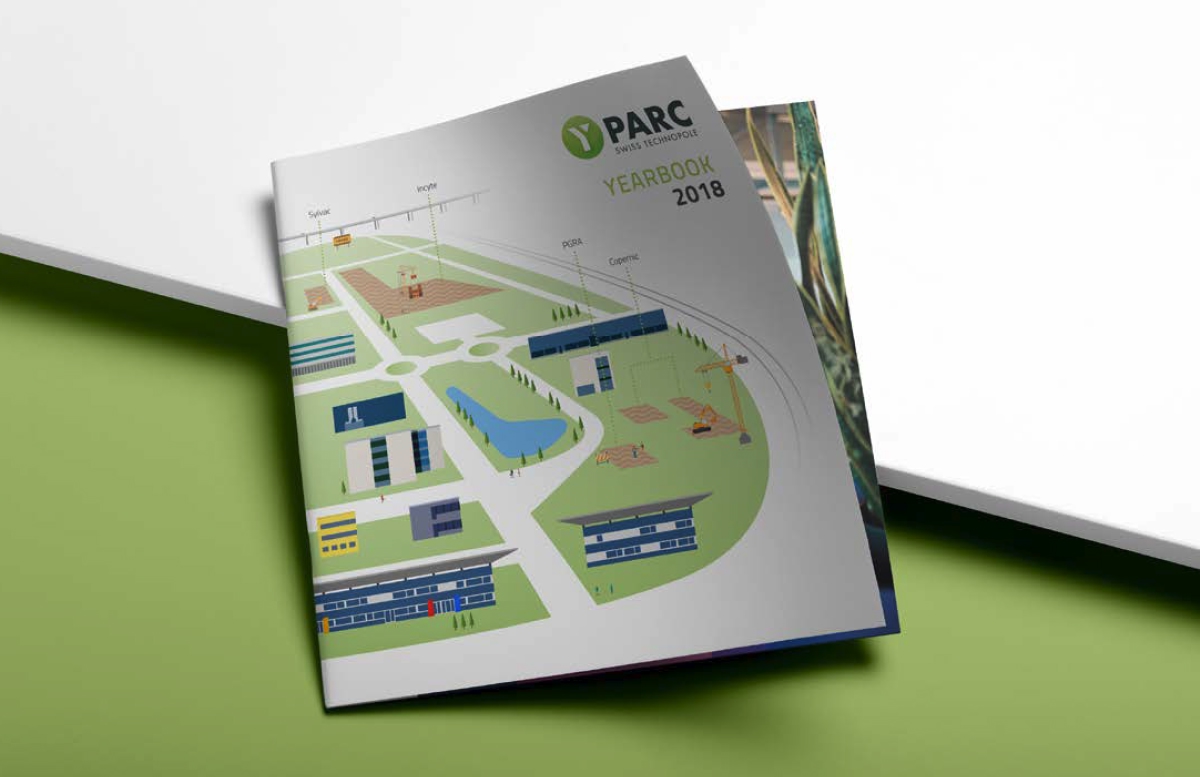 Maquette de la couverture d'une brochure institutionnelle avec le plan du parc - Chiche communication