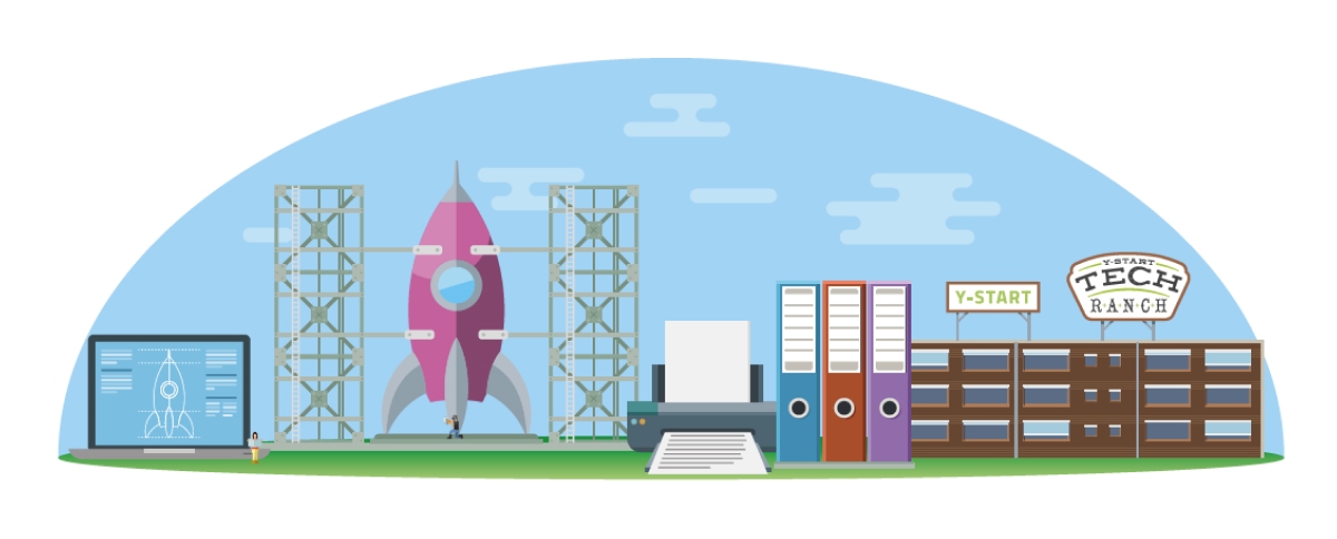 Illustration panoramique en "flat design" représentant l'écosystème d'innovation de Y-PARC - Chiche communication