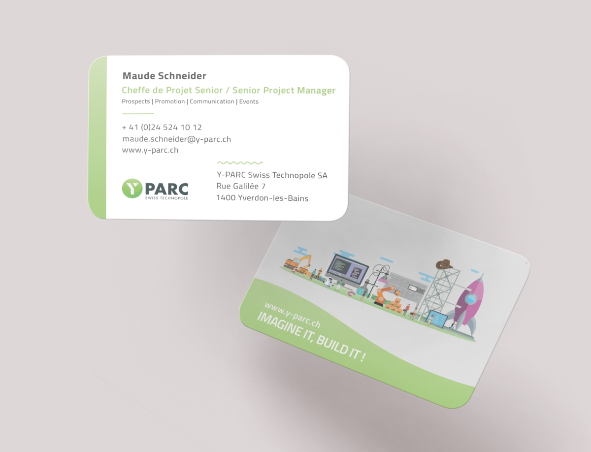 Cartes de visite Y-PARC avec logo et illustration colorée au verso - Chiche communication