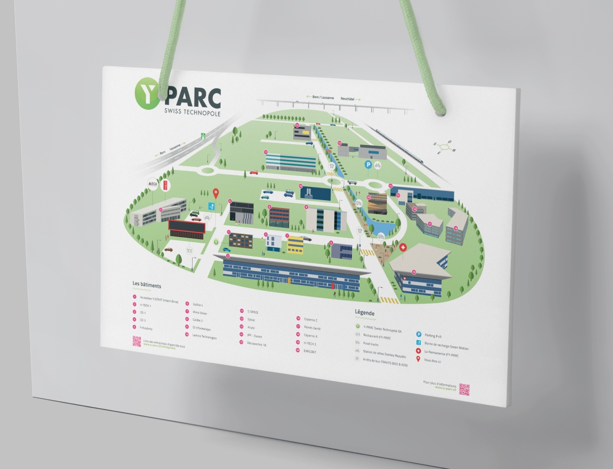 Plan illustré du site Y-PARC présenté sous forme de panneau d'affichage suspendu - Chiche communication
