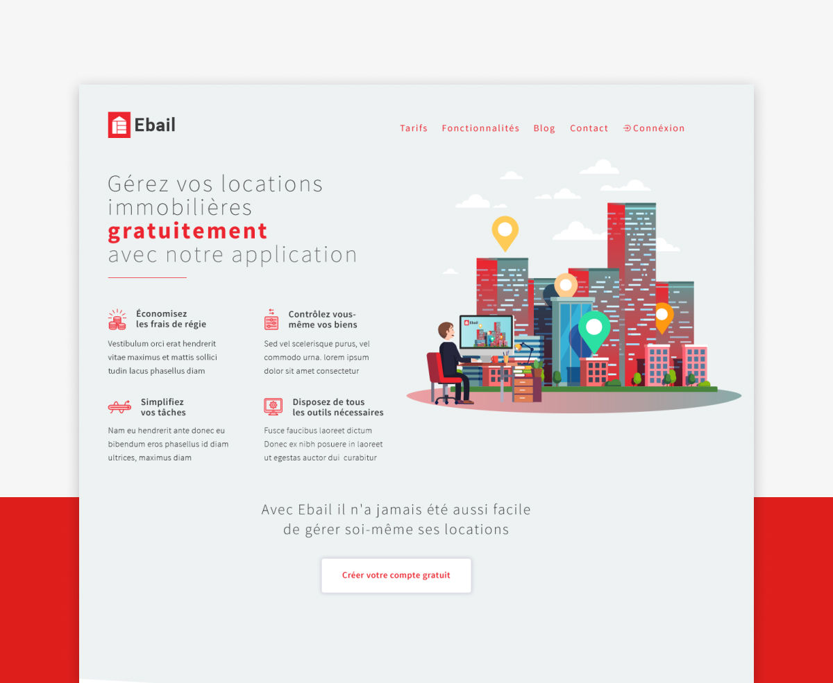 Page d'accueil du site Ebail pour la gestion de locations immobilières avec illustration urbaine - Chiche communication