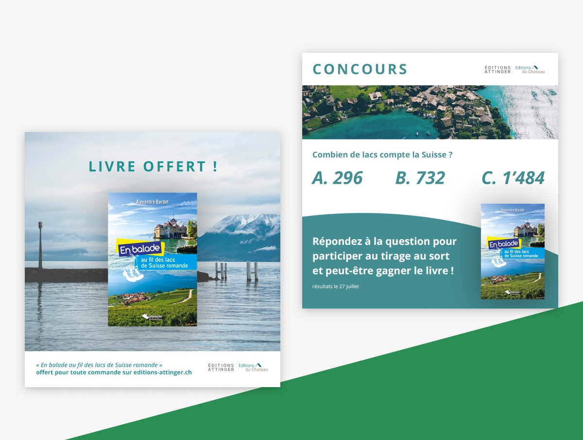 Visuels promotionnels avec offre de livre gratuit et concours - Chiche communication