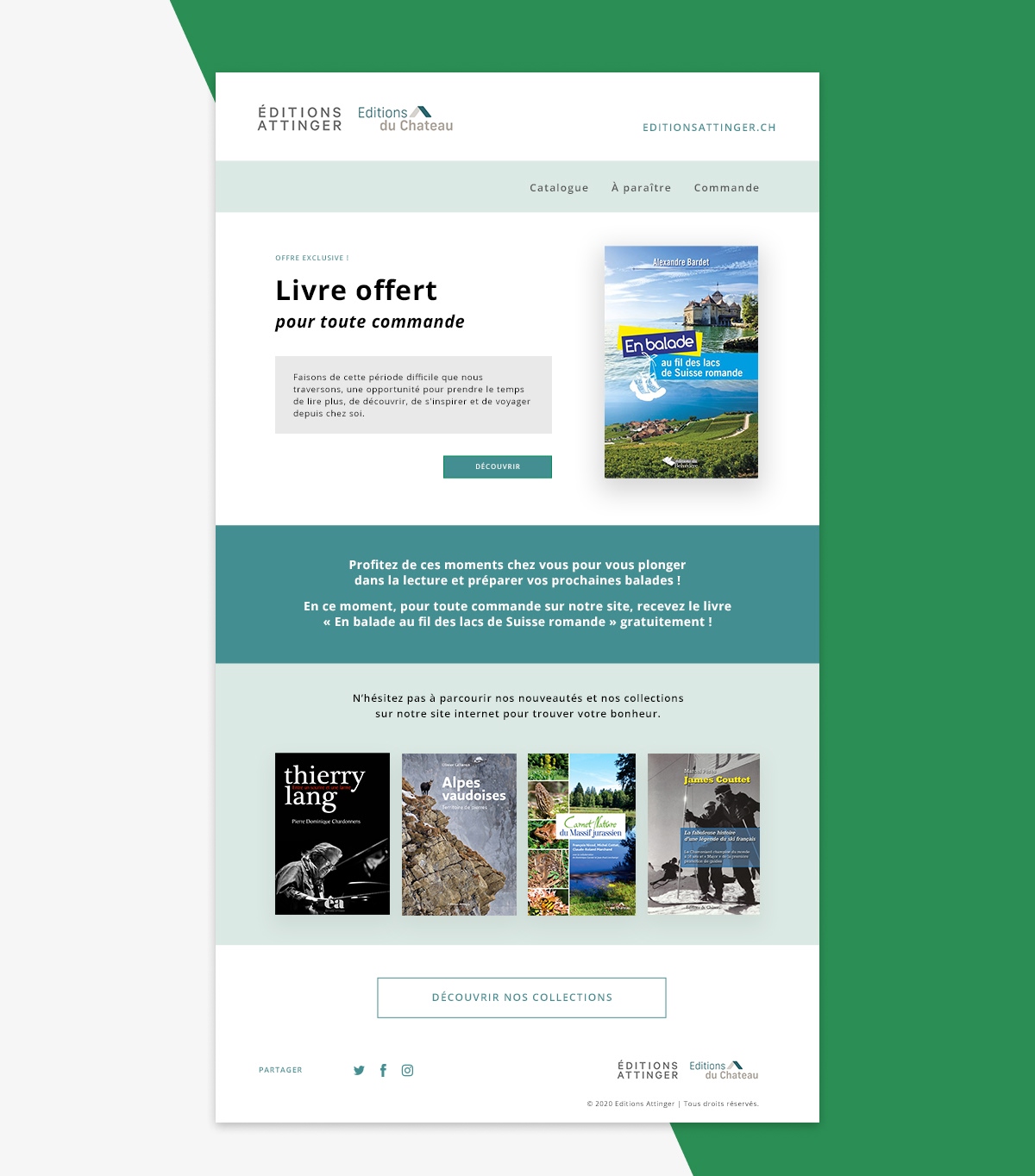 Maquette de newsletter proposant un livre offert avec catalogue - Chiche communication