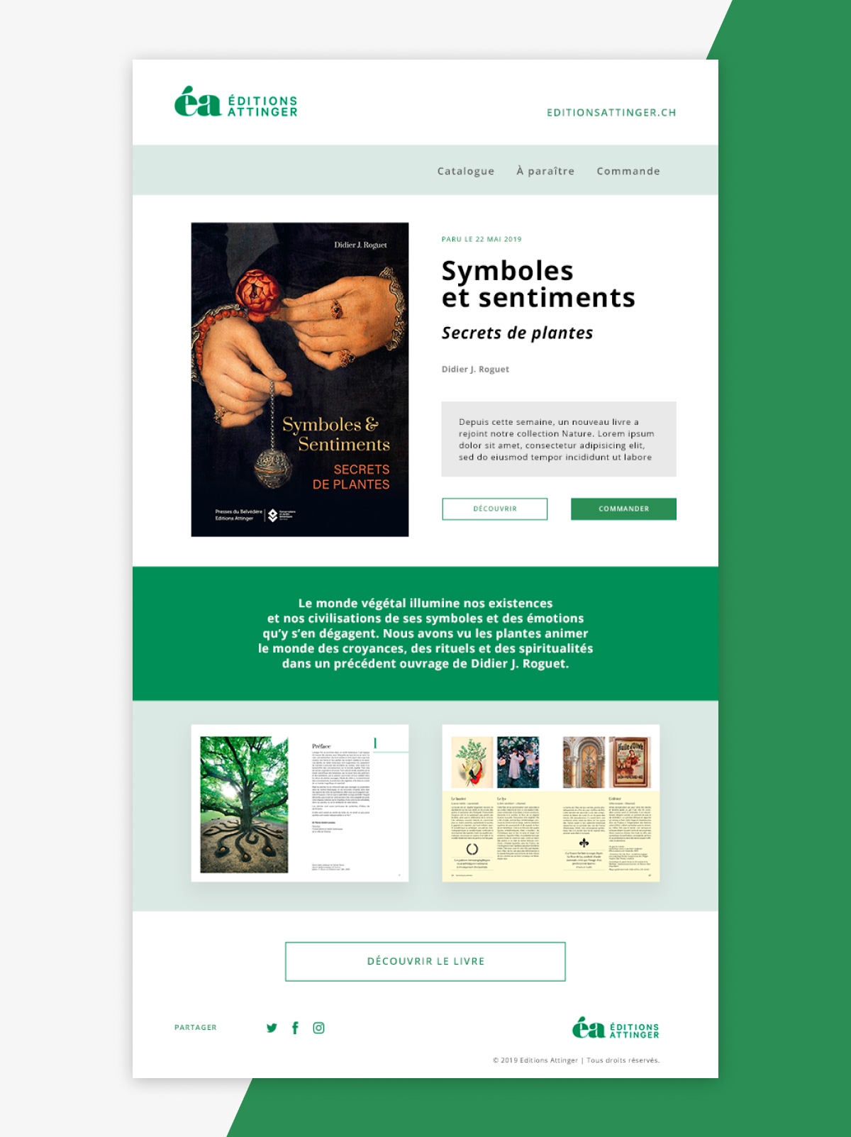 Maquette de newsletter Éditions présentant le livre "Symboles et sentiments" - Chiche communication