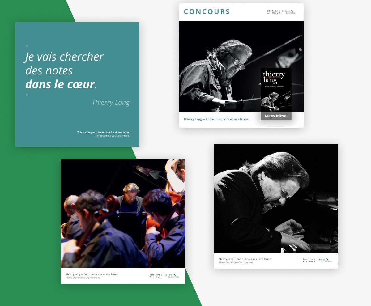 Visuels avec citation musicale et photos en noir et blanc de musiciens - Chiche communication