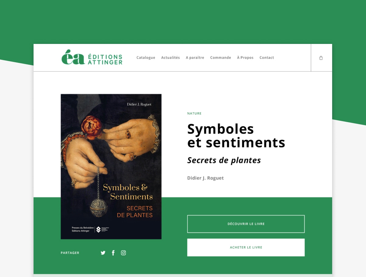 Maquette web Éditions avec le livre "Symboles et sentiments" sur fond vert - Chiche communication