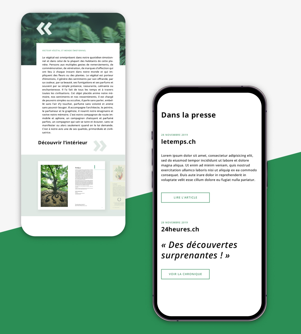 Maquettes d'articles sur mobile avec citation "Des découvertes surprenantes" - Chiche communication
