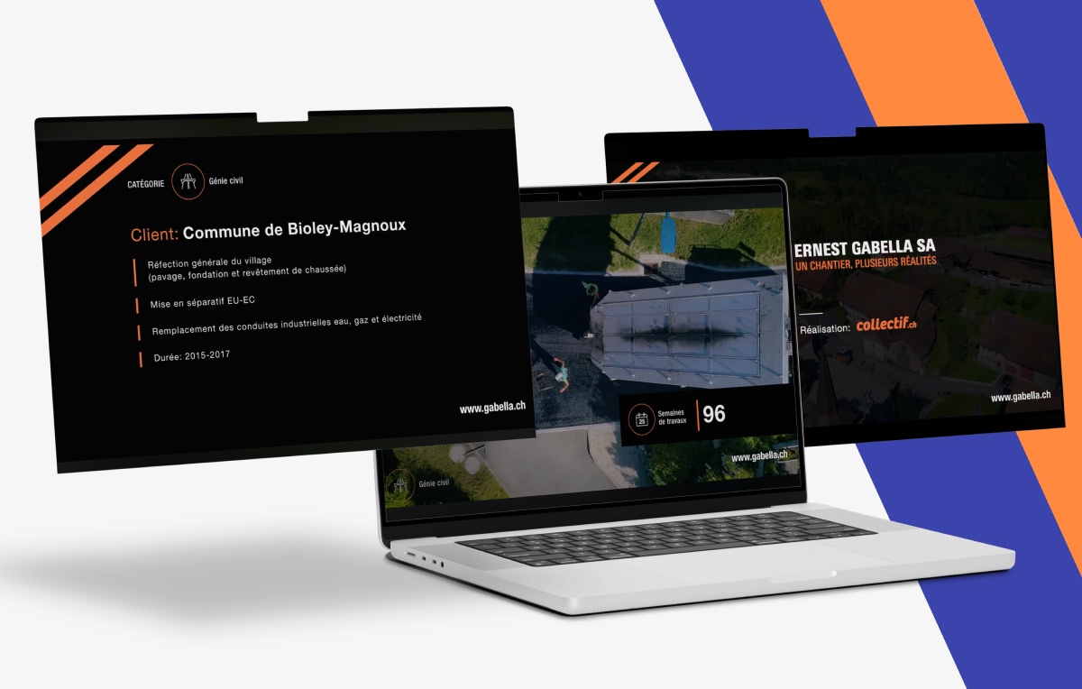 Ordinateur portable et maquettes d'interface web sombres flottantes sur fond rayé - Chiche communication