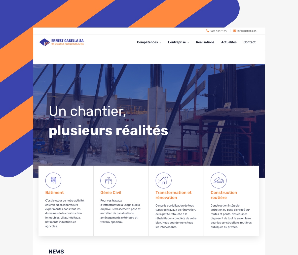 Maquette page d'accueil site web de construction avec slogan Un chantier plusieurs réalités - Chiche communication