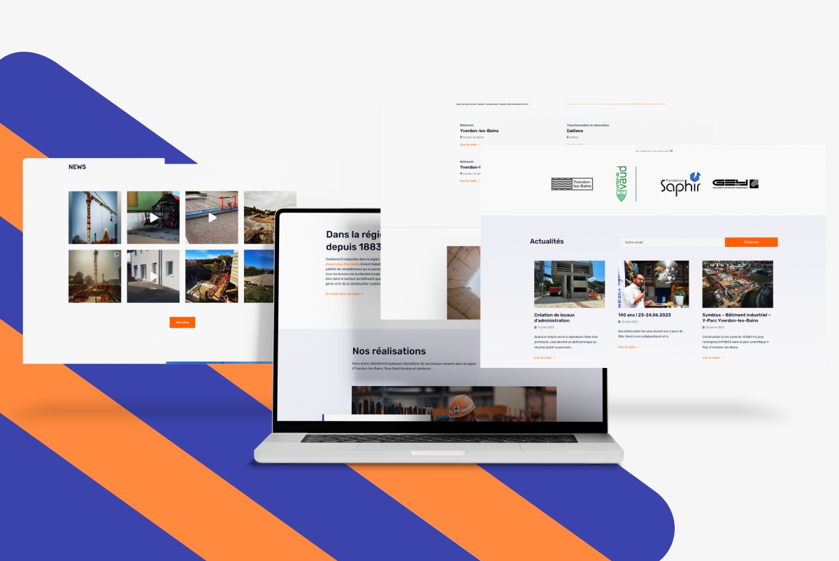 Ordinateur portable et pages web flottantes d'un site d'entreprise de construction - Chiche communication