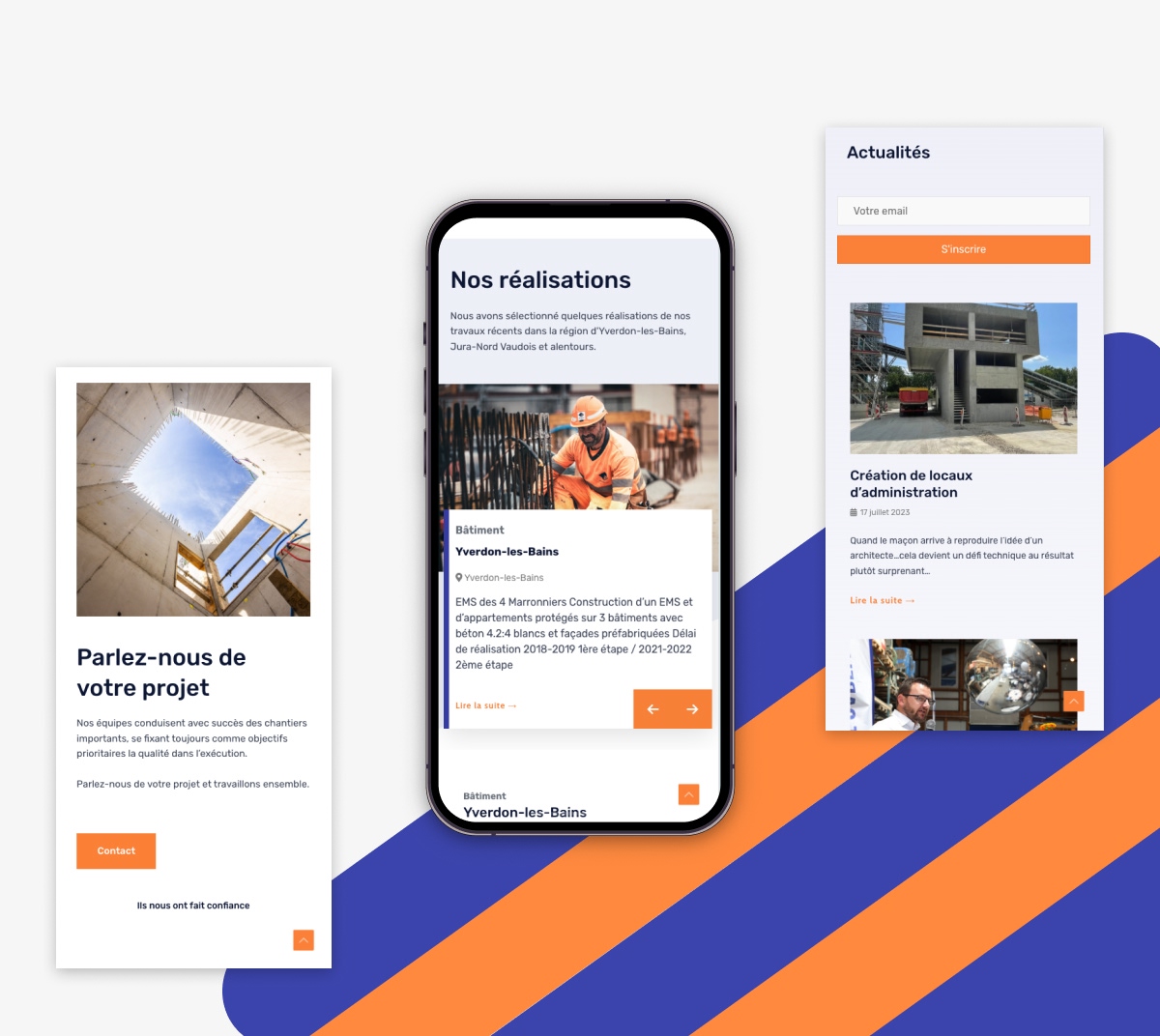 Smartphone et maquettes web mobiles d'entreprise de construction sur fond rayé - Chiche communication