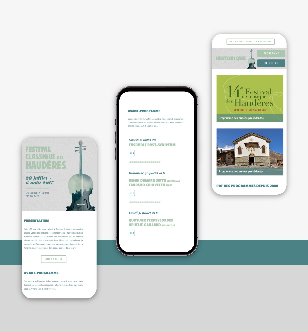 Maquettes de pages d'un site web en version mobile sur trois smartphones - Chiche communication