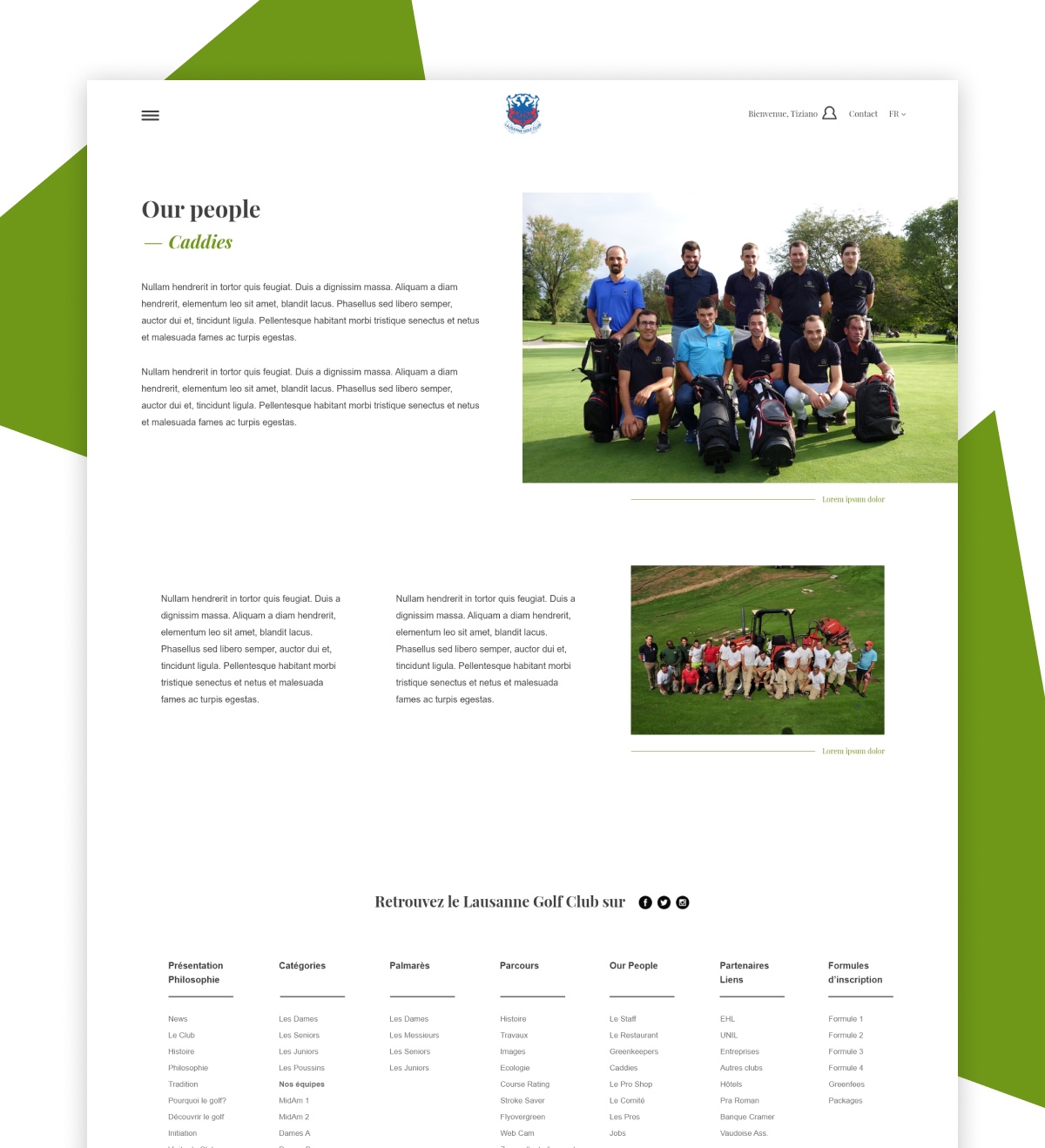 Maquette de la page équipe d’un site de golf avec photos de groupes et pied de page - Chiche communication