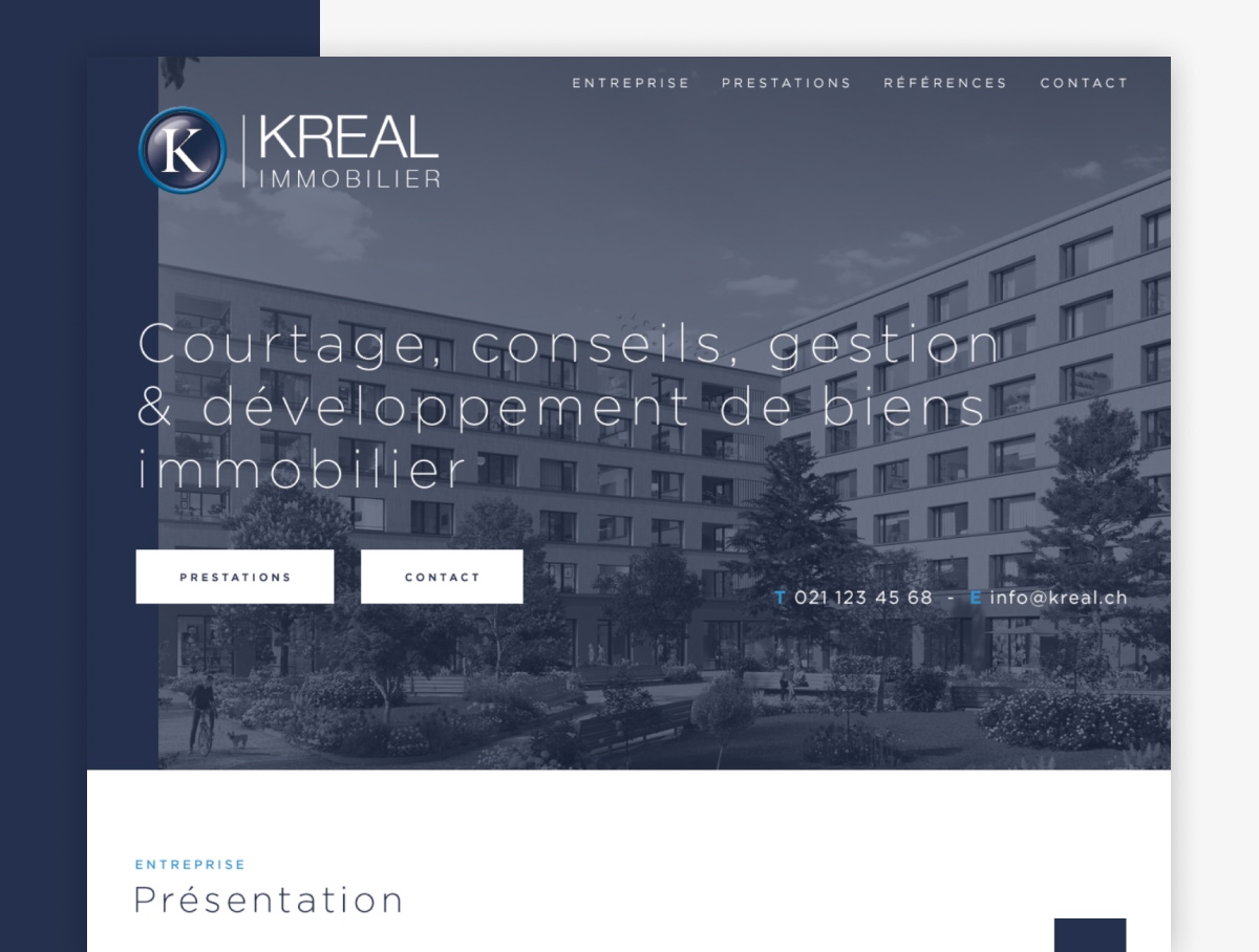 Maquette de la page d'accueil du site immobilier KREAL avec photo de bâtiment - Chiche communication