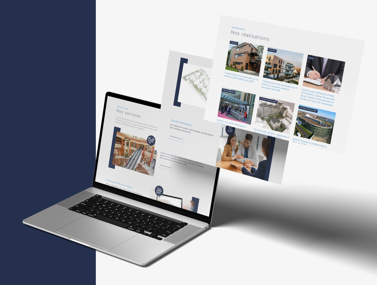 Présentation du site KREAL sur ordinateur portable avec fenêtres flottantes de biens immobiliers - Chiche communication