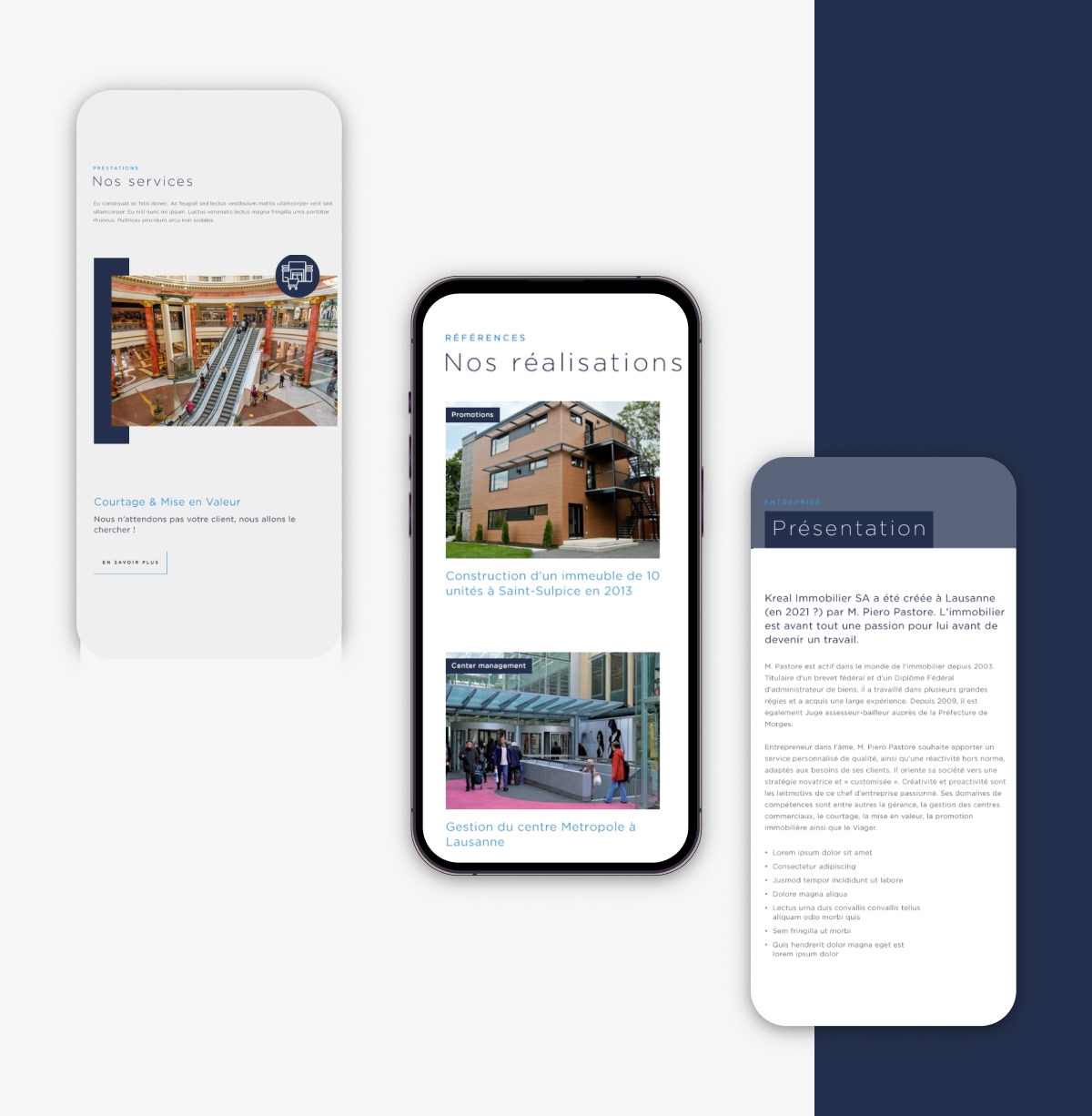 Version mobile du site KREAL affichée sur trois smartphones montrant des fiches de propriétés - Chiche communication