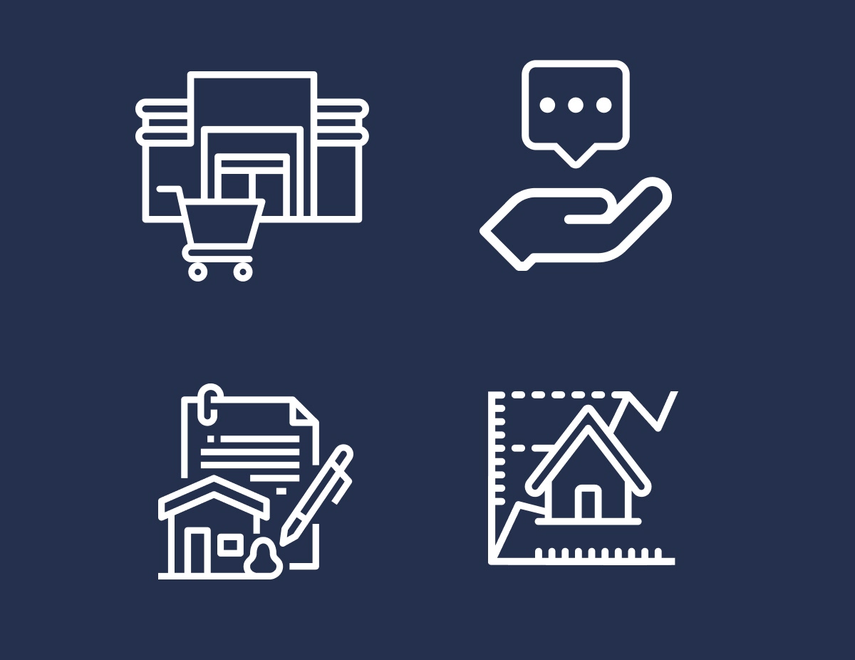 Quatre icônes en ligne blanche illustrant les services immobiliers de l'entreprise KREAL - Chiche communication