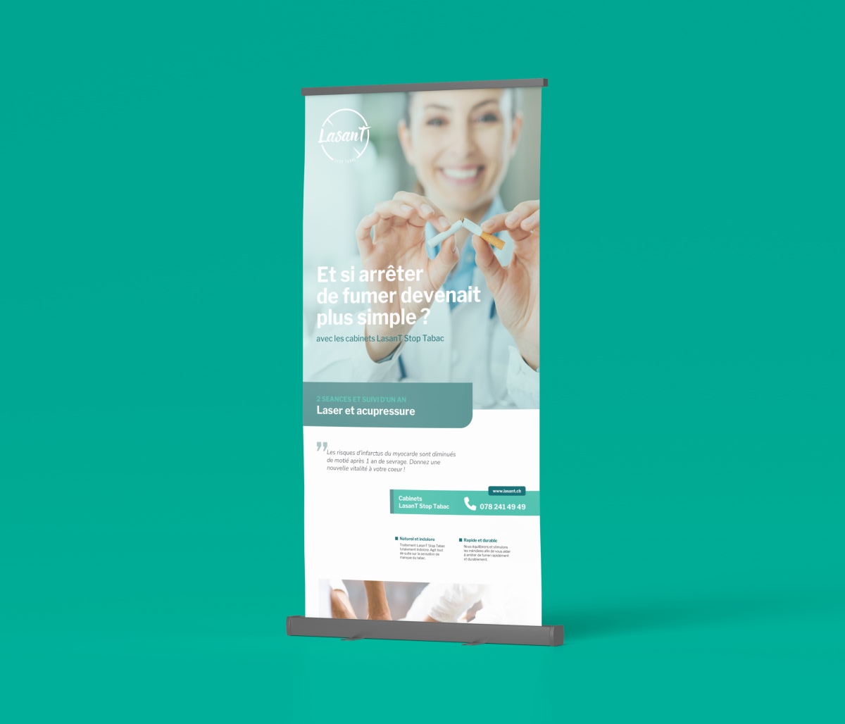 Maquette d'un roll-up publicitaire pour un cabinet médical avec visuel de praticienne - Chiche communication