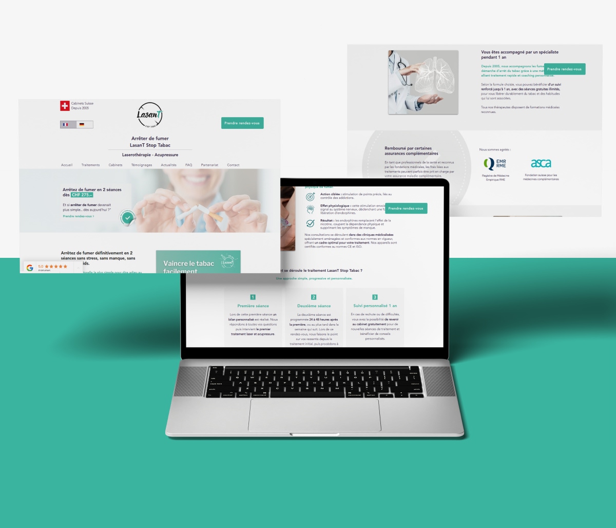 Présentation du site web santé sur ordinateur portable avec superposition d'écrans - Chiche communication