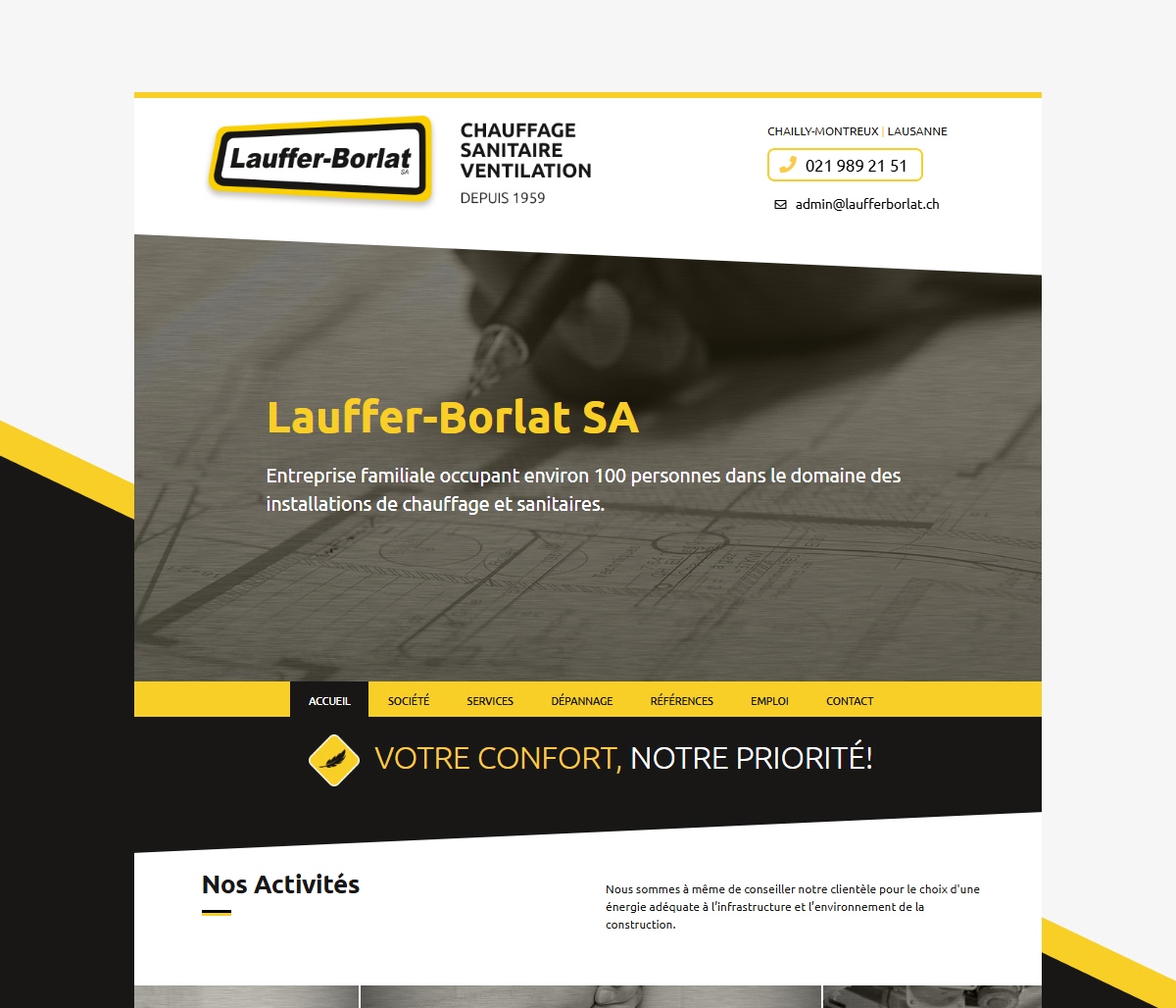 Maquette de la page d'accueil du site Lauffer-Borlat SA aux couleurs noir et jaune - Chiche communication