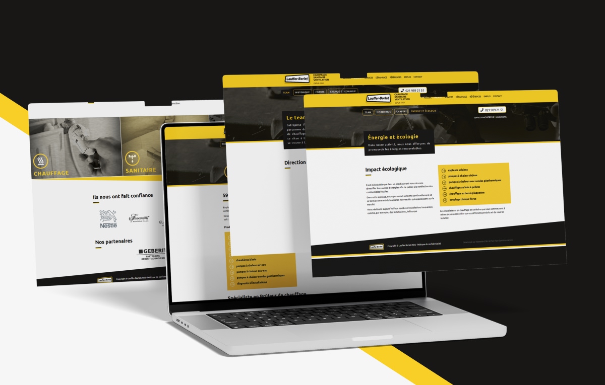 Présentation du site Lauffer-Borlat SA sur ordinateur avec fenêtres superposées - Chiche communication