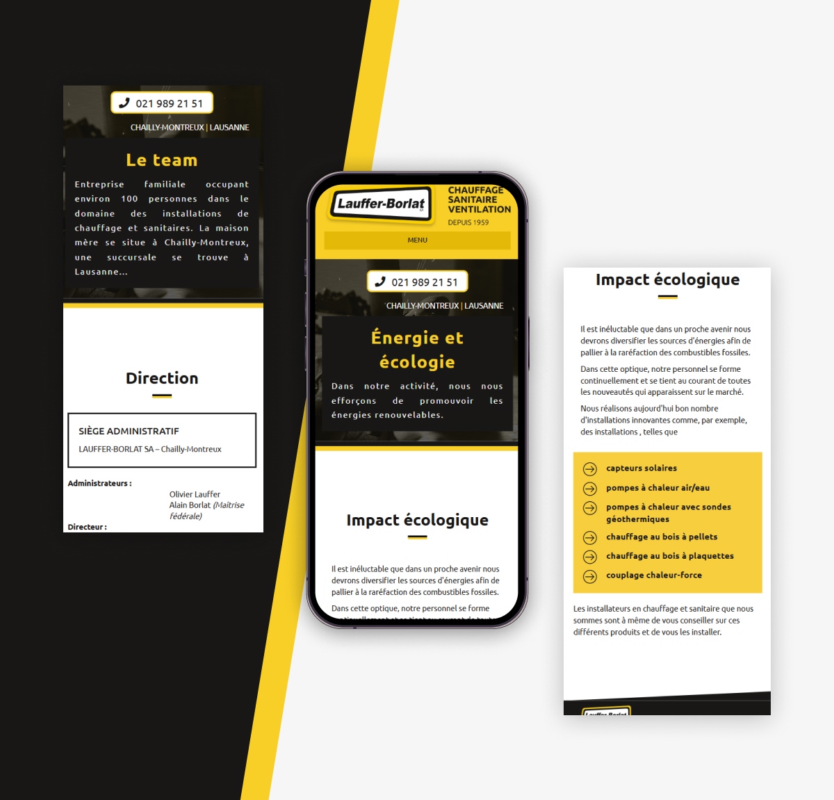 Version mobile du site Lauffer-Borlat SA sur smartphone avec fiches descriptives - Chiche communication