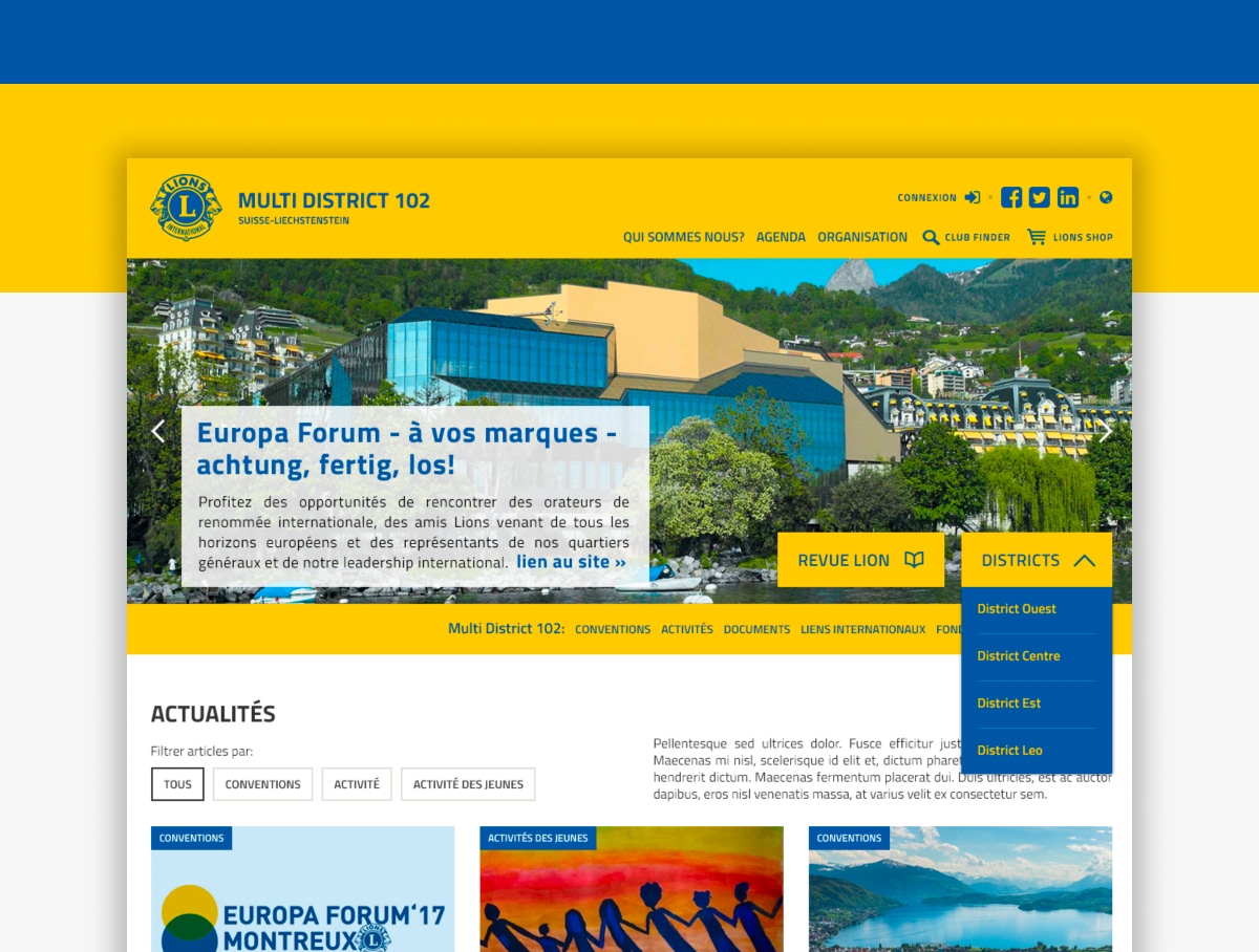 Maquette de la page d'accueil du site Lions Club avec photo de bâtiment sur fond jaune et bleu - Chiche communication