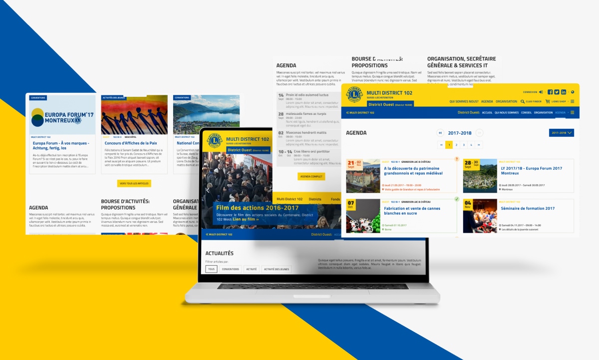 Présentation responsive du site Lions Club sur ordinateur portable avec plusieurs pages flottantes - Chiche communication