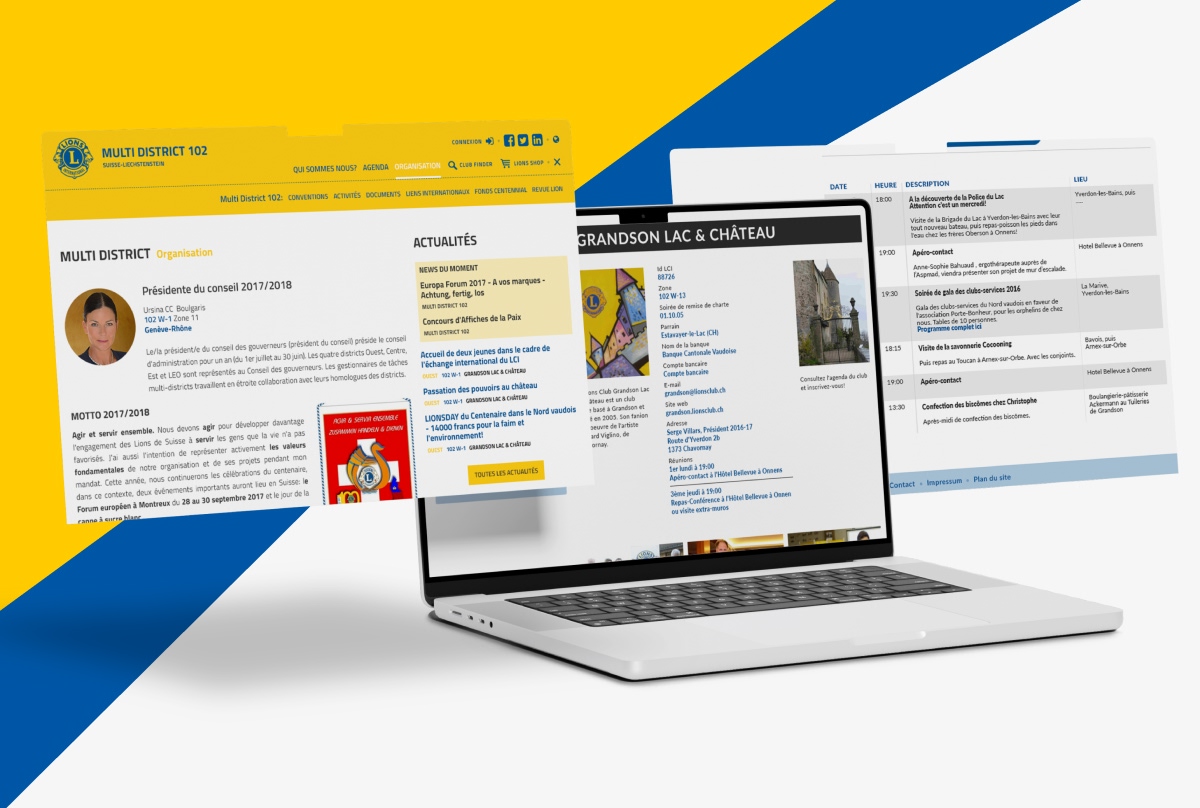 Aperçu du site Lions Club sur ordinateur avec fenêtres d'informations et de portraits - Chiche communication