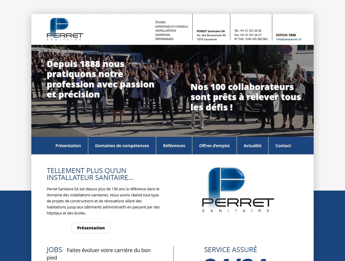 Maquette de la page d'accueil du site Perret Sanitaire avec photo d'équipe et logo - Chiche communication