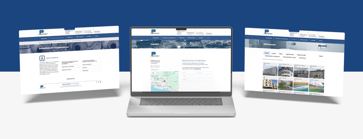 Présentation responsive du site Perret Sanitaire sur ordinateur portable et tablettes - Chiche communication