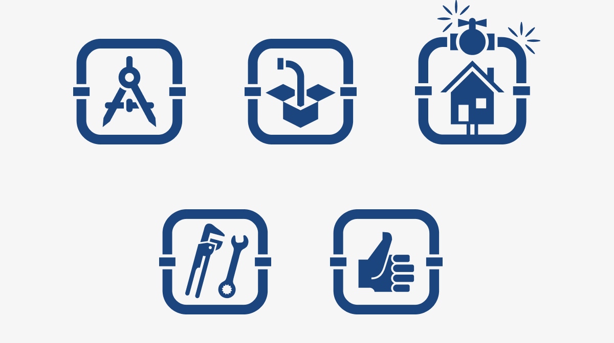 Cinq icônes bleues illustrant les services de sanitaire, chauffage et dépannage - Chiche communication