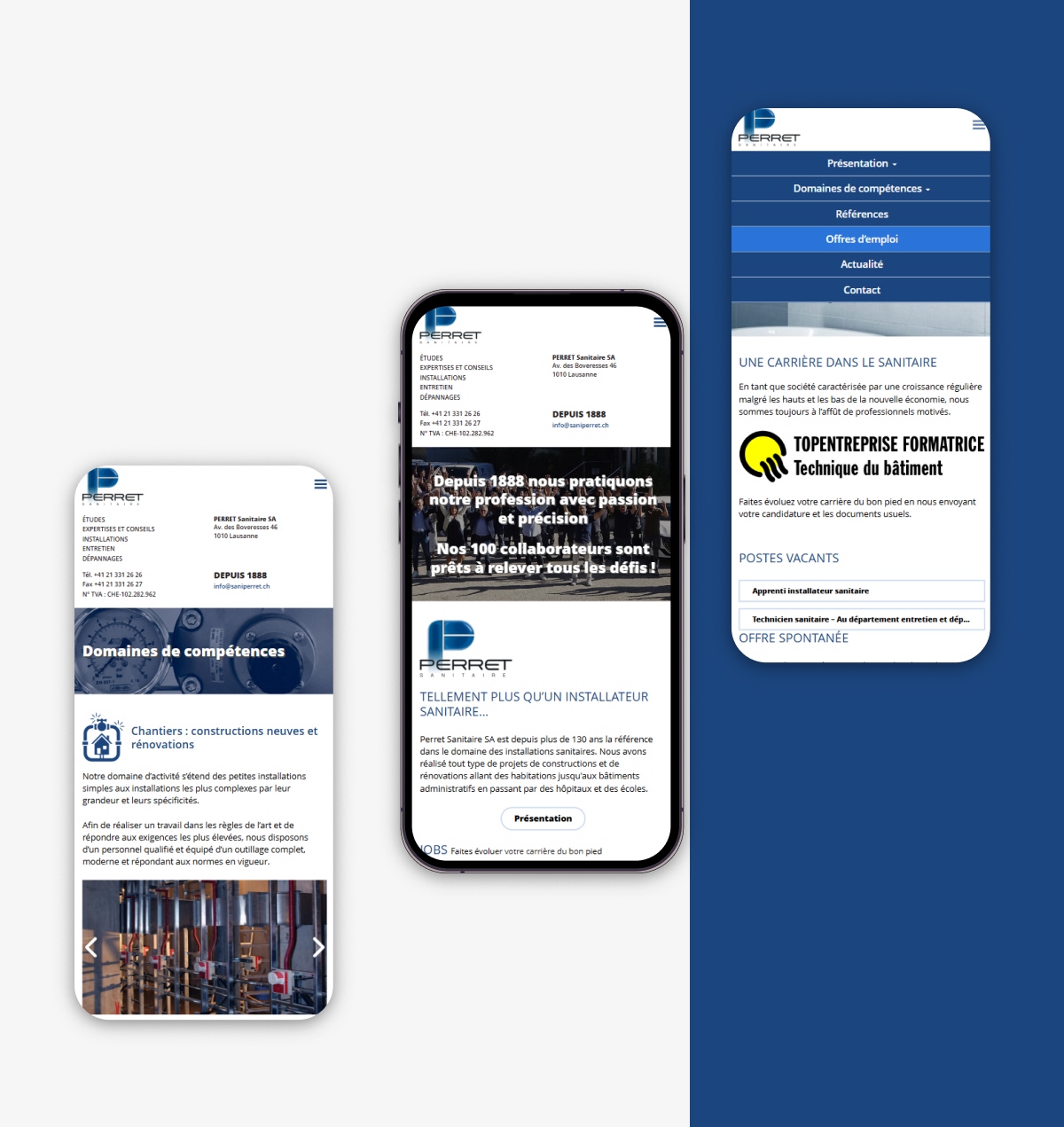 Version mobile du site Perret Sanitaire affichée sur trois smartphones - Chiche communication