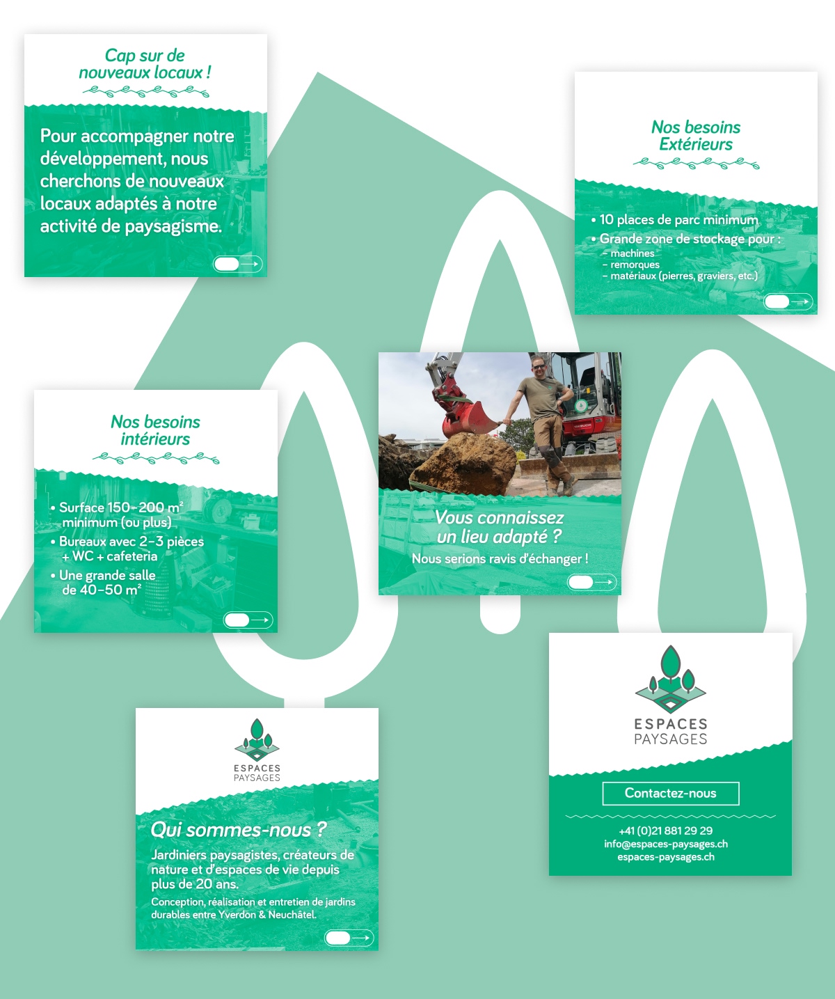 Carrés de publications pour réseaux sociaux avec textes et photos de jardins - Chiche communication