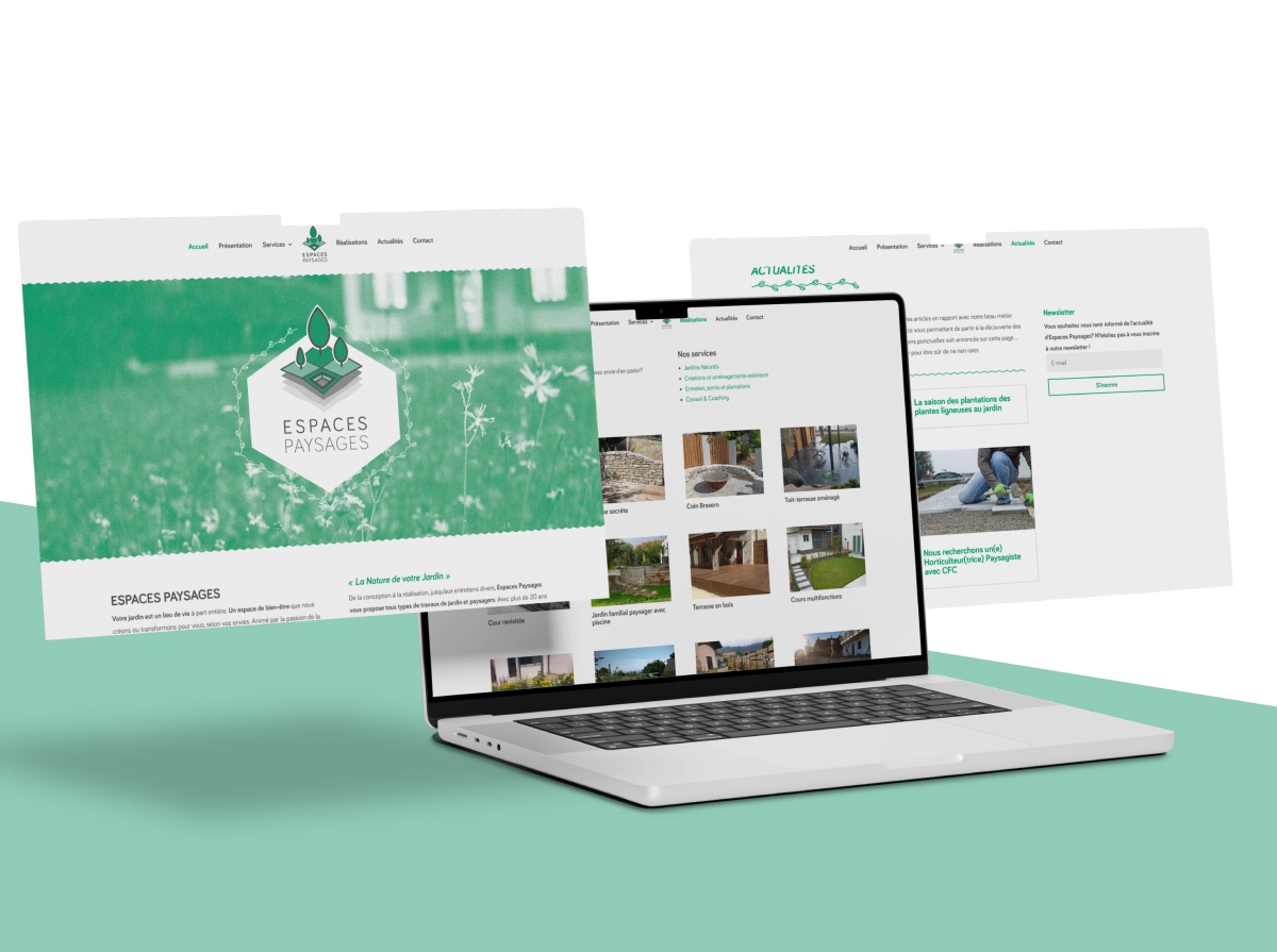 Ordinateur portable avec maquettes de pages web flottantes sur fond vert clair - Chiche communication