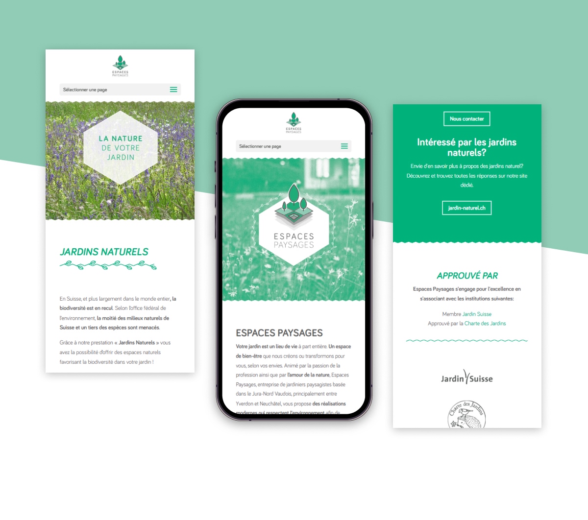 Maquettes mobiles d'un site de paysagisme affichées sur smartphones - Chiche communication