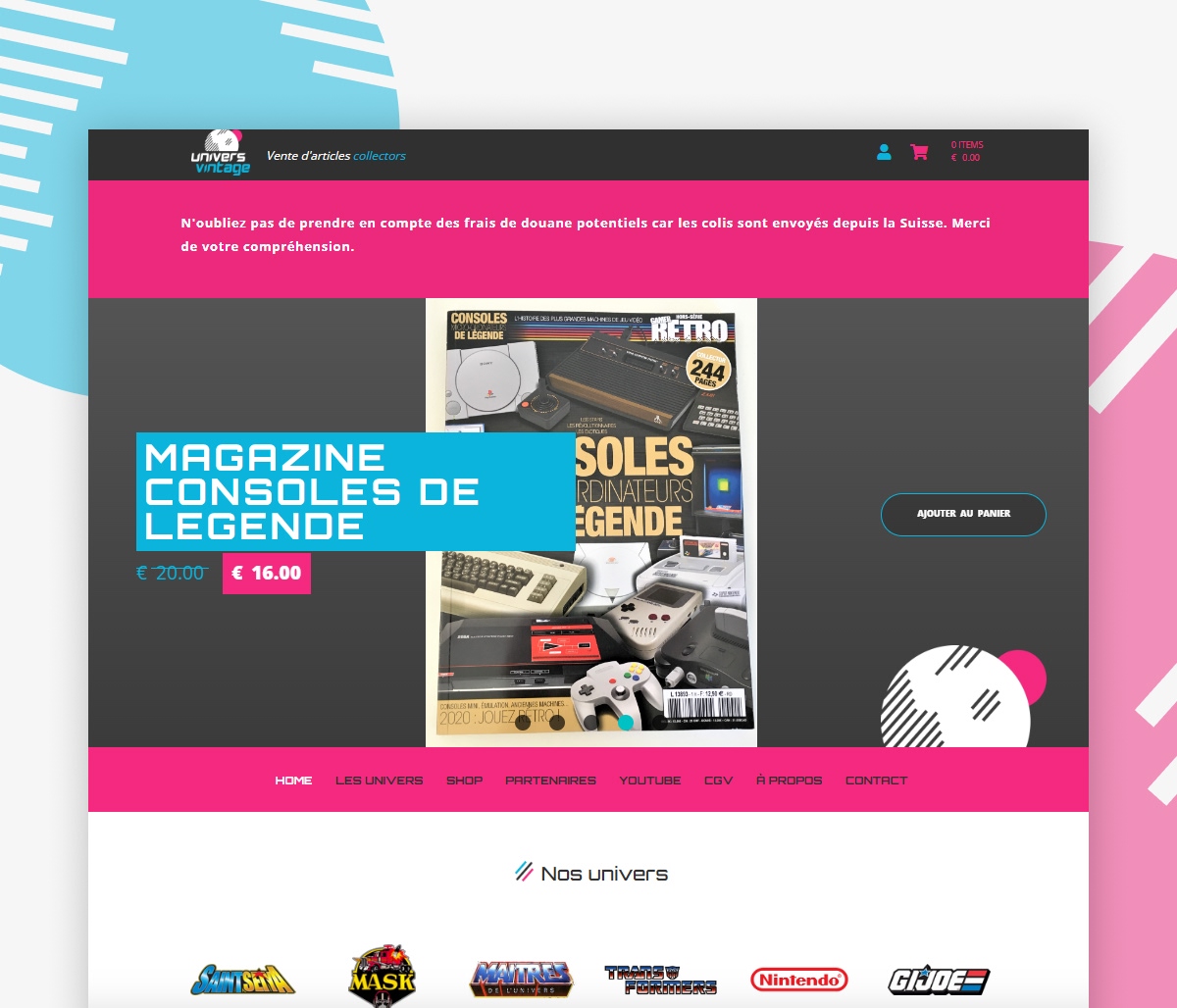 Maquette de la page d'accueil du site Nos Univers présentant le magazine "Consoles de Légende" - Chiche communication