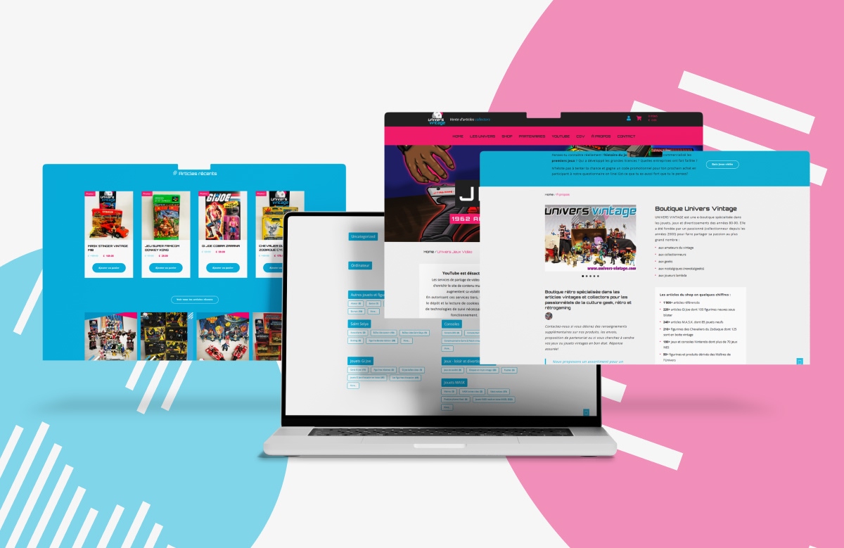 Présentation responsive du site Nos Univers sur ordinateur portable avec fenêtres de navigation flottantes - Chiche communication